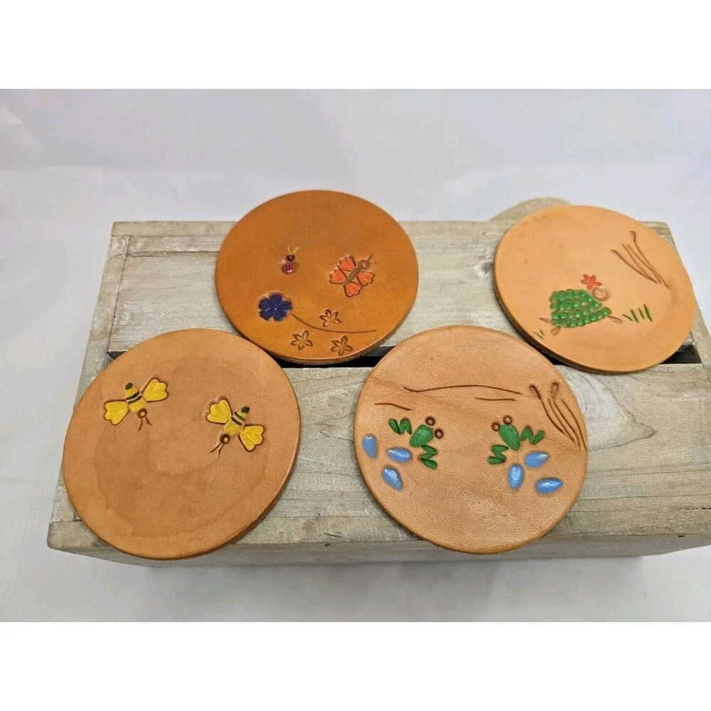 Vintage Tooled Leather Coasters Set of 4 Hand Painted Bee Frog Butterfly Bird